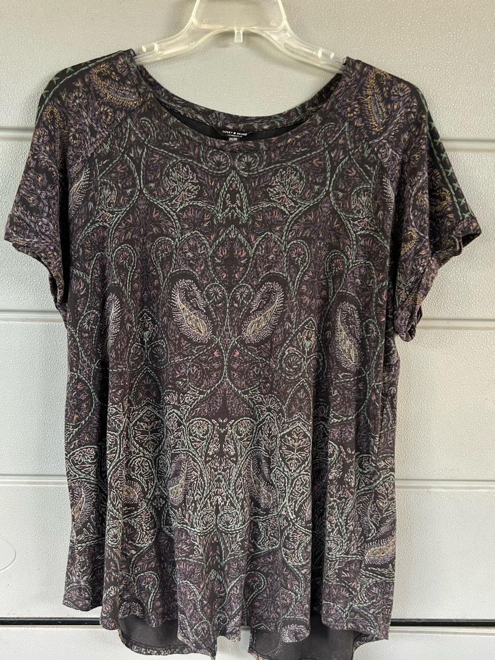 Lucky Brand Black and Purple Paisley Short Sleeve Tee
